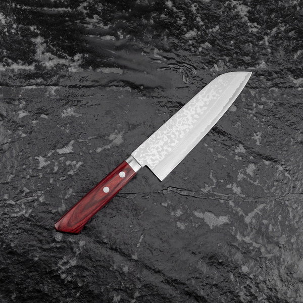 Kunio Masutani VG-10 Damascus Hammered Red Nóż Santoku 17 cm