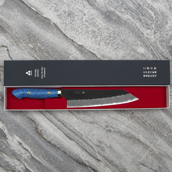 Nigara Hamono SG2 Kurouchi Blue Turquoise Nóż Kiritsuke Gyuto 21 cm