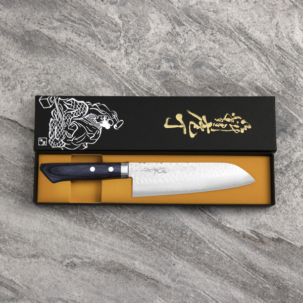 Kunio Masutani VG-10 Hammered Blue Damascus Nóż Santoku 17 cm