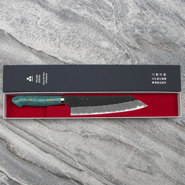 Nigara Hamono SG2 Kurouchi Green Turquoise Nóż Kiritsuke Gyuto 21 cm