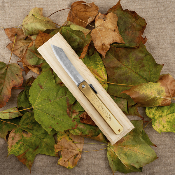 Nóż kieszonkowy Higonokami Kanekoma Aogami#2 Damascus Engrawing Brass 7,5 cm