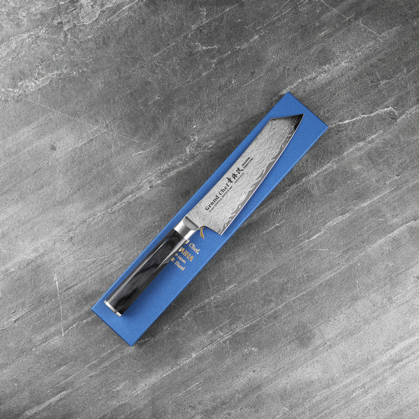 Sakai Takayuki Seigaiha Bohler N685 Damascus Nóż Kengata Santoku 16 cm