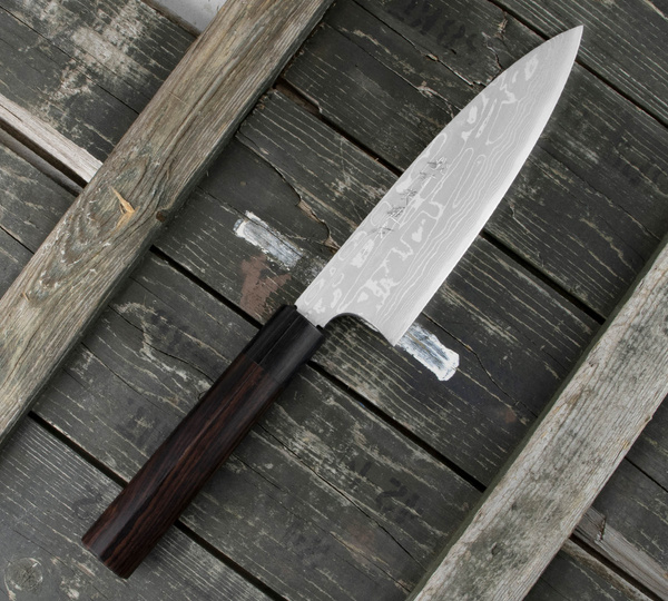Hideo Kitaoka Shirogami#2 Satin Damascus Nóż Funayuki 18 cm