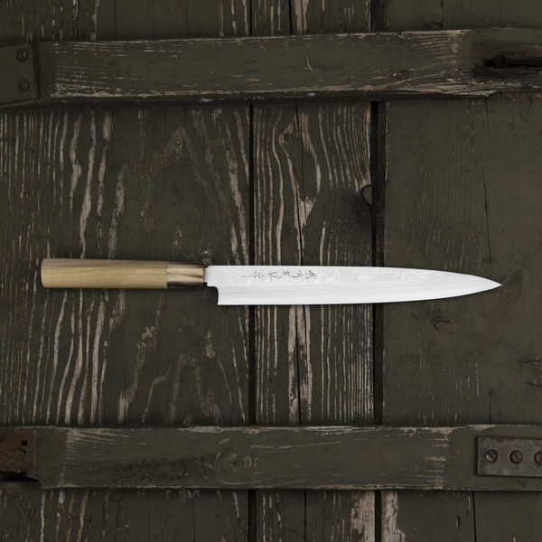 Hideo Kitaoka Aogami#2 Satin Damascus Nóż Yanagiba 24 cm