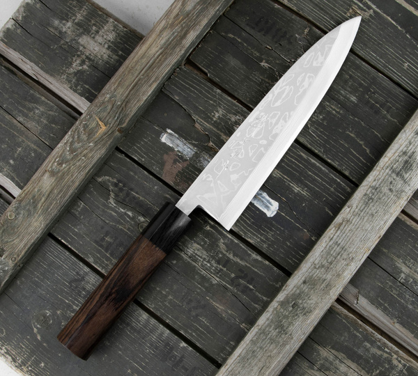 Hideo Kitaoka Shirogami#2 Satin Damascus Nóż Miroshi Deba 21 cm