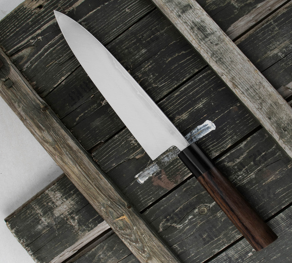 Hideo Kitaoka Shirogami#2 Satin Damascus Nóż Miroshi Deba 21 cm
