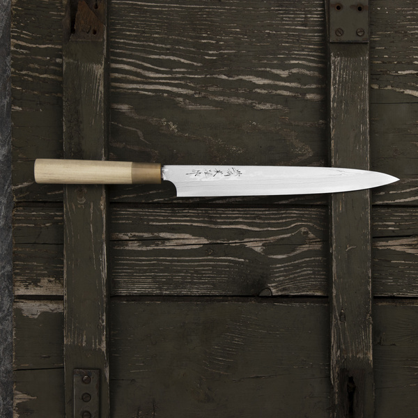 Hideo Kitaoka Aogami#2 Satin Damascus Nóż Yanagiba 27 cm