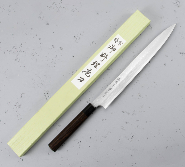 Hideo Kitaoka Shirogami#2 Satin Damascus Nóż Yanagiba 30 cm