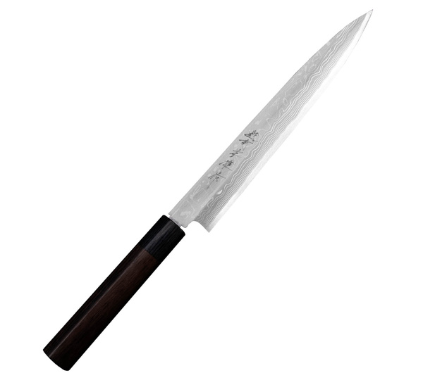 Hideo Kitaoka Shirogami Satin Damascus Nóż Yanagiba 21 cm