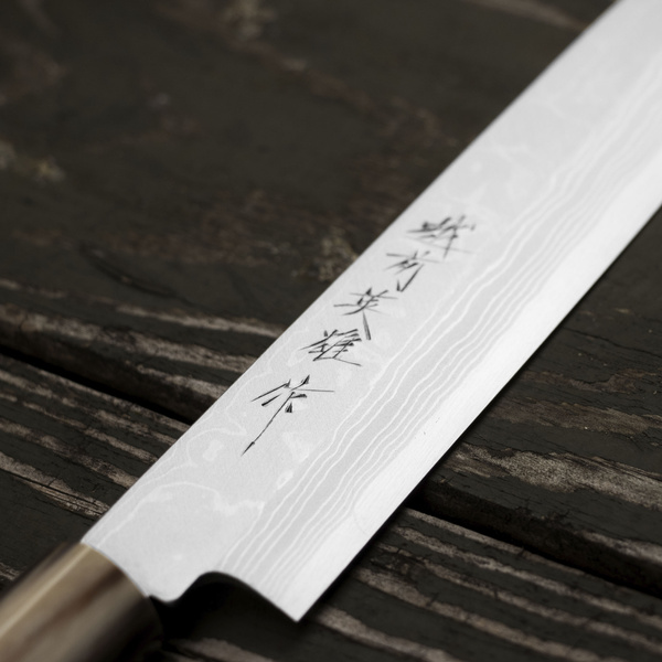 Hideo Kitaoka Aogami#2 Satin Damascus Nóż Yanagiba 24 cm