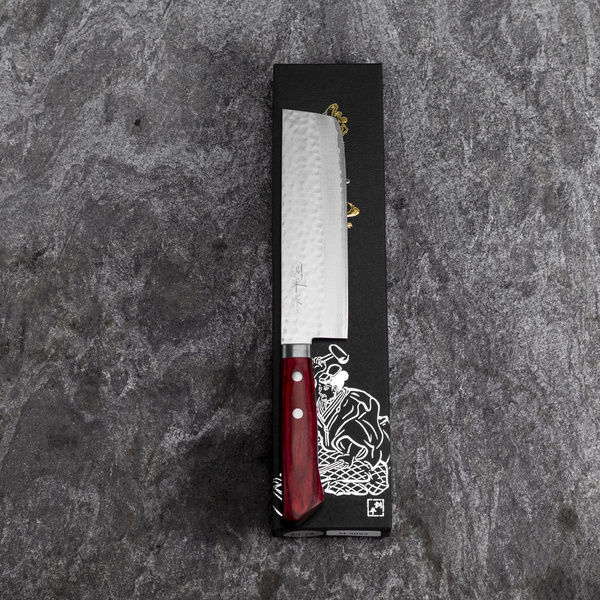 Kunio Masutani VG-10 Damascus Hammered Red Nóż Nakiri 16,5 cm