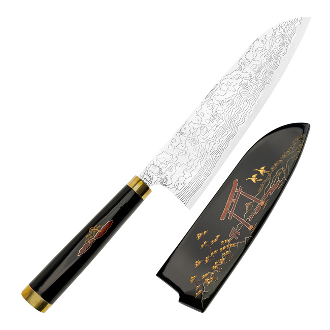 Takeshi Saji Art Tori Fuji on Lake R-2 Nóż Santoku 18 cm + Saya