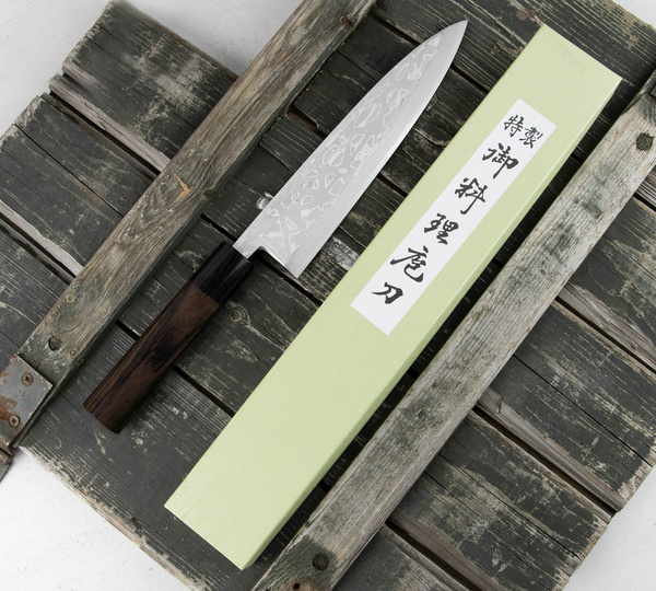 Hideo Kitaoka Shirogami#2 Satin Damascus Nóż Miroshi Deba 21 cm