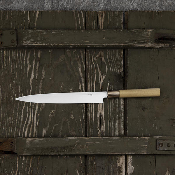 Hideo Kitaoka Aogami#2 Satin Damascus Nóż Yanagiba 24 cm