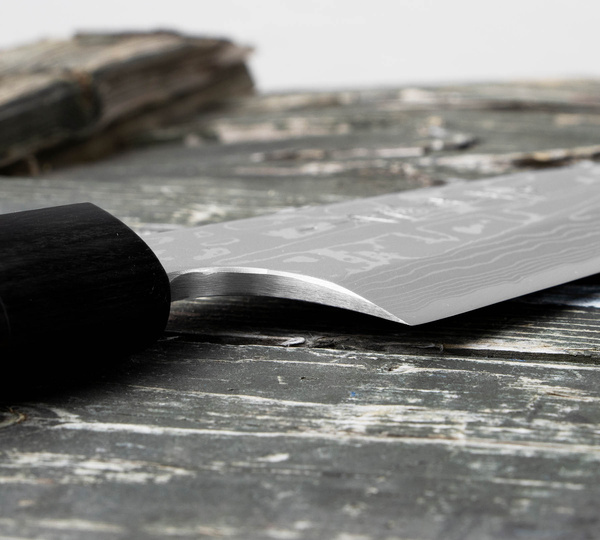 Hideo Kitaoka Shirogami#2 Satin Damascus Nóż Funayuki 18 cm