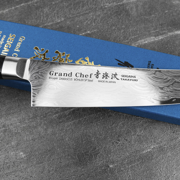 Sakai Takayuki Seigaiha Bohler N685 Damascus Nóż Kengata Santoku 16 cm