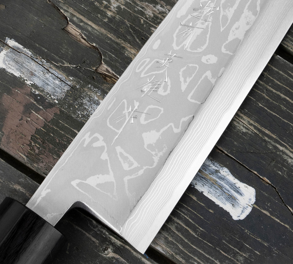 Hideo Kitaoka Shirogami#2 Satin Damascus Nóż Miroshi Deba 21 cm