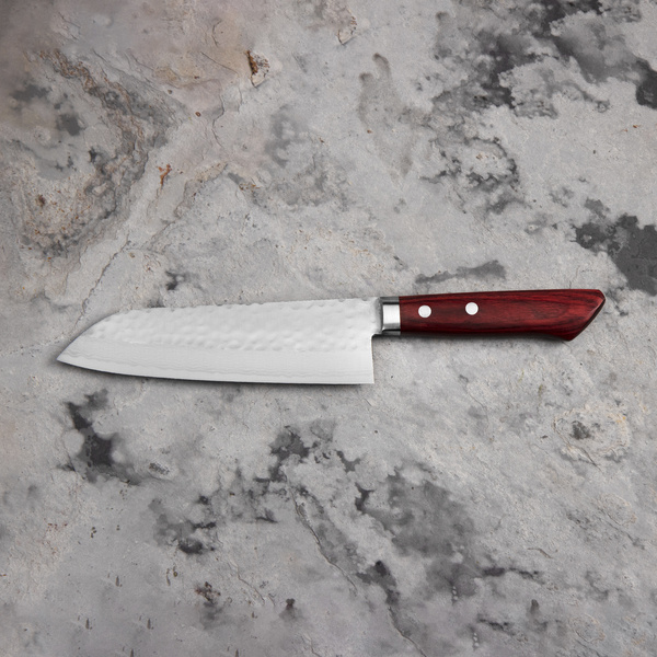 Kunio Masutani VG-10 Hammered Red Damascus Nóż Santoku 17 cm