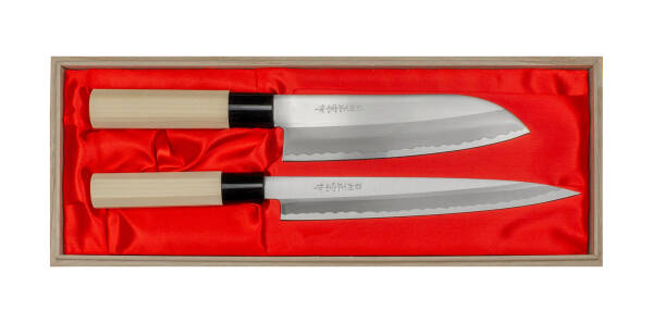 Satake Yoshimitsu Rdzewny Zestaw noży w Drewnianym Pudełku Santoku + Sashimi