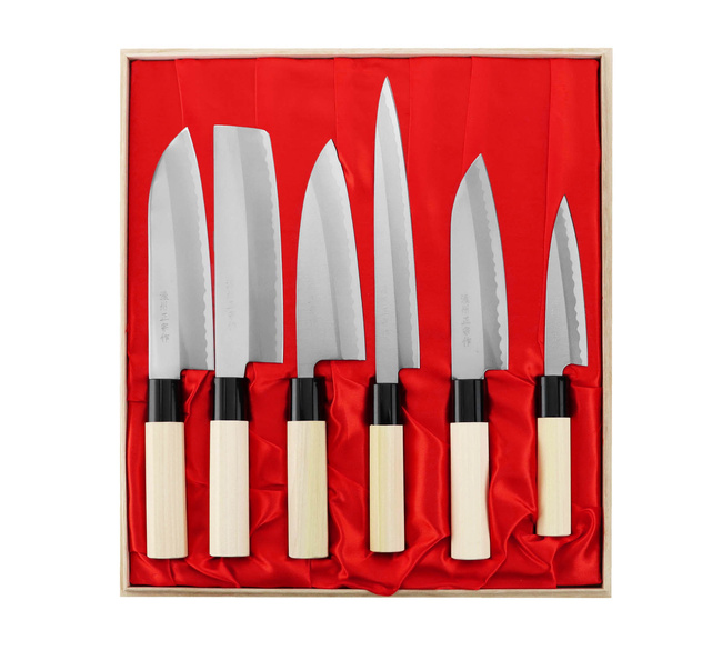 Satake Yoshimitsu Rdzewny Zestaw 6 Noży w Drewnianym Pudełku 